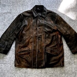 Tannery West Mens Leather Jacket Distressed Brown Size L Button Front